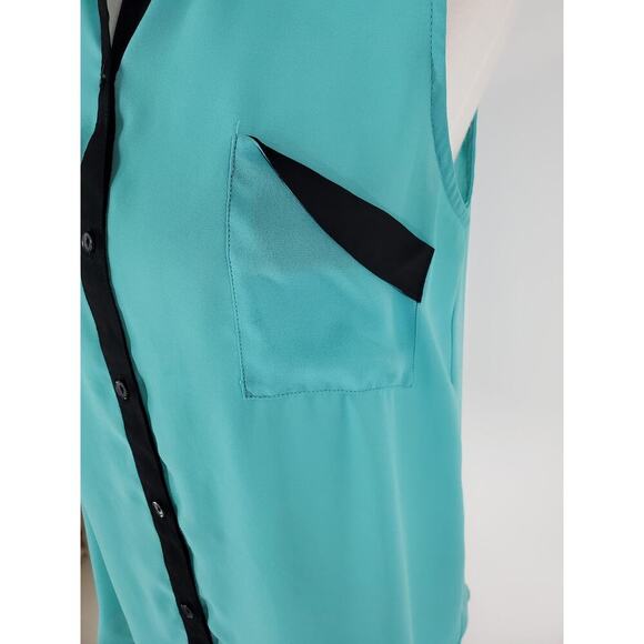 SOPRANO Women's Teal & Black Sleeveless Button Up Sheer Top w/ Rhinestones Sz M - Picture 8 of 10